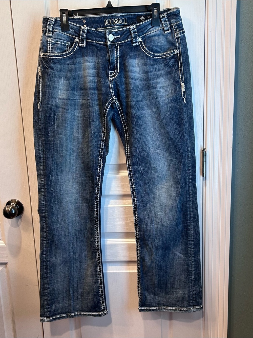 Rock & Roll Y2K Cowgirl Thick Stitch Western Rodeo Bootcut Denim Jeans Sz. 33x32